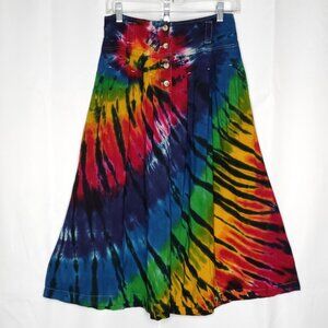 Vintage Rainbow Tie Dye Midi Skirt Sz 8 Colorful Pleated Yoked Western Hippie